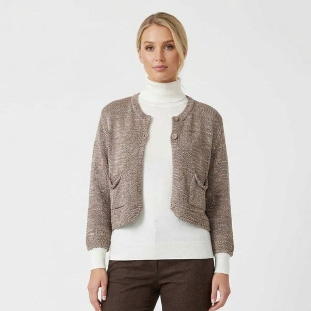 Peruzzi Italy Taupe Woven Knit Cropped Cardigan Sweater S NEW